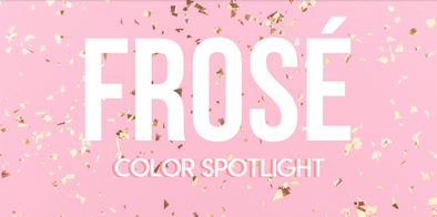 Pink background with gold star confetti and white text that says "Frosé Color Spotlight"